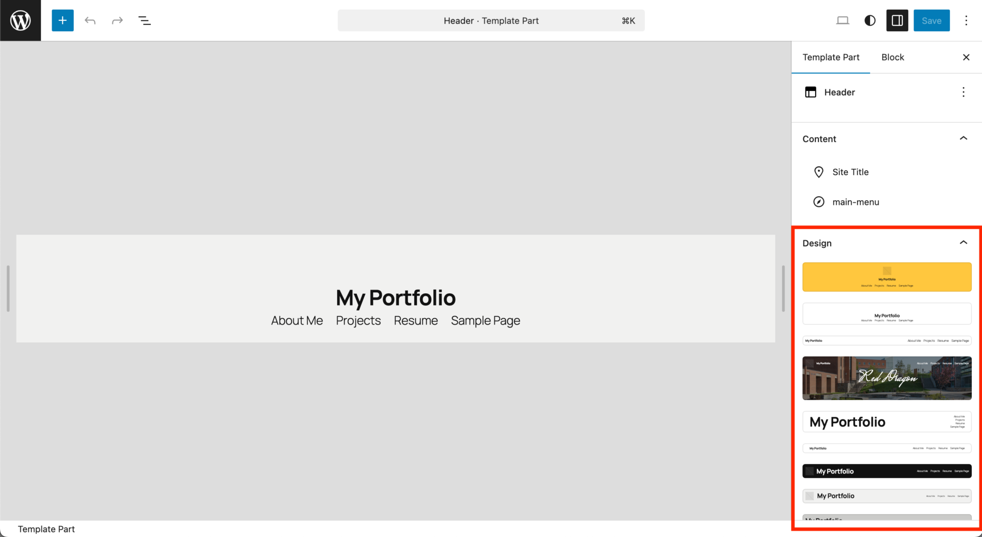 Wordpress site editor, highlighting "design" tab